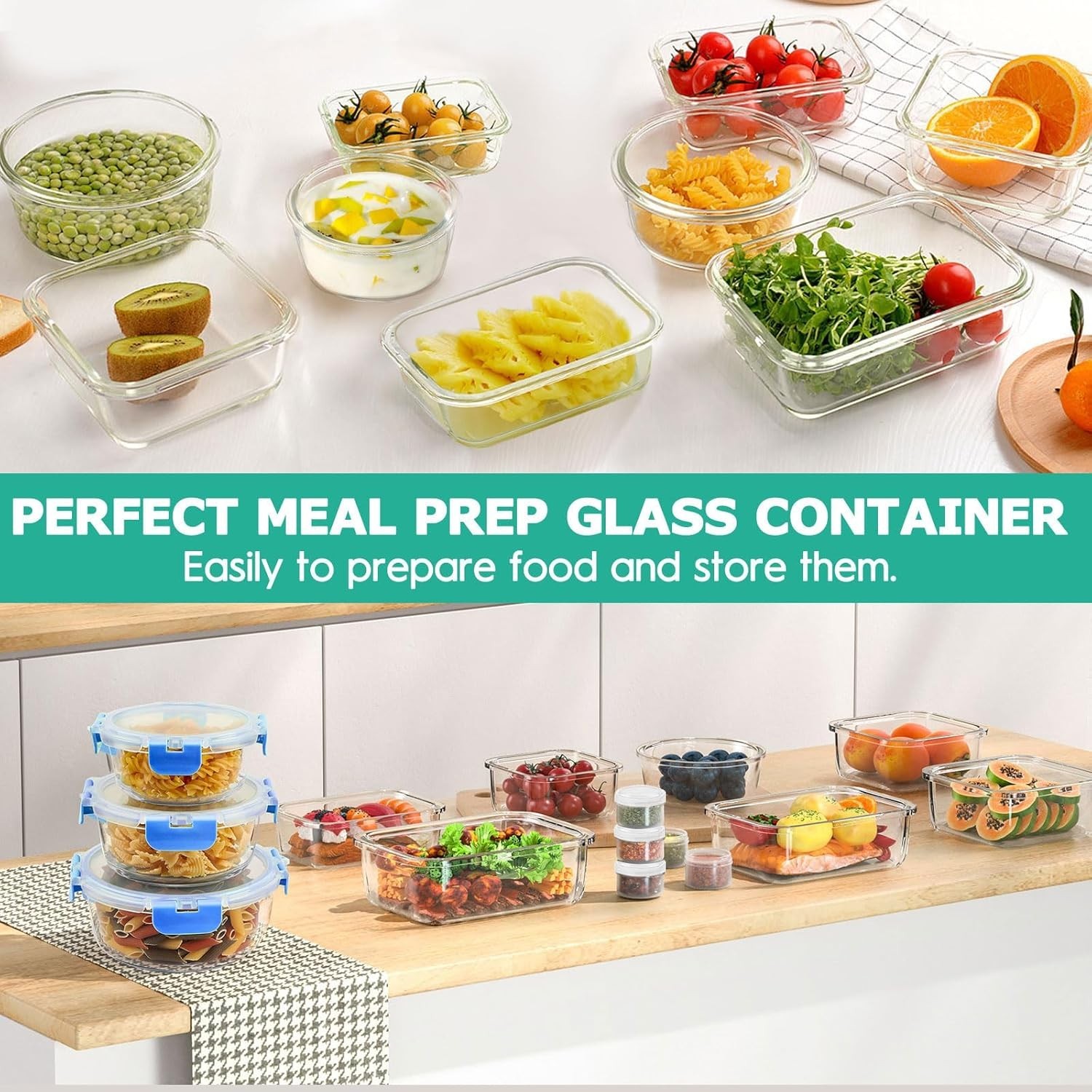 34pcs Glass Food Storage Containers with Lids Set, Airtight Glass Meal Prep C…