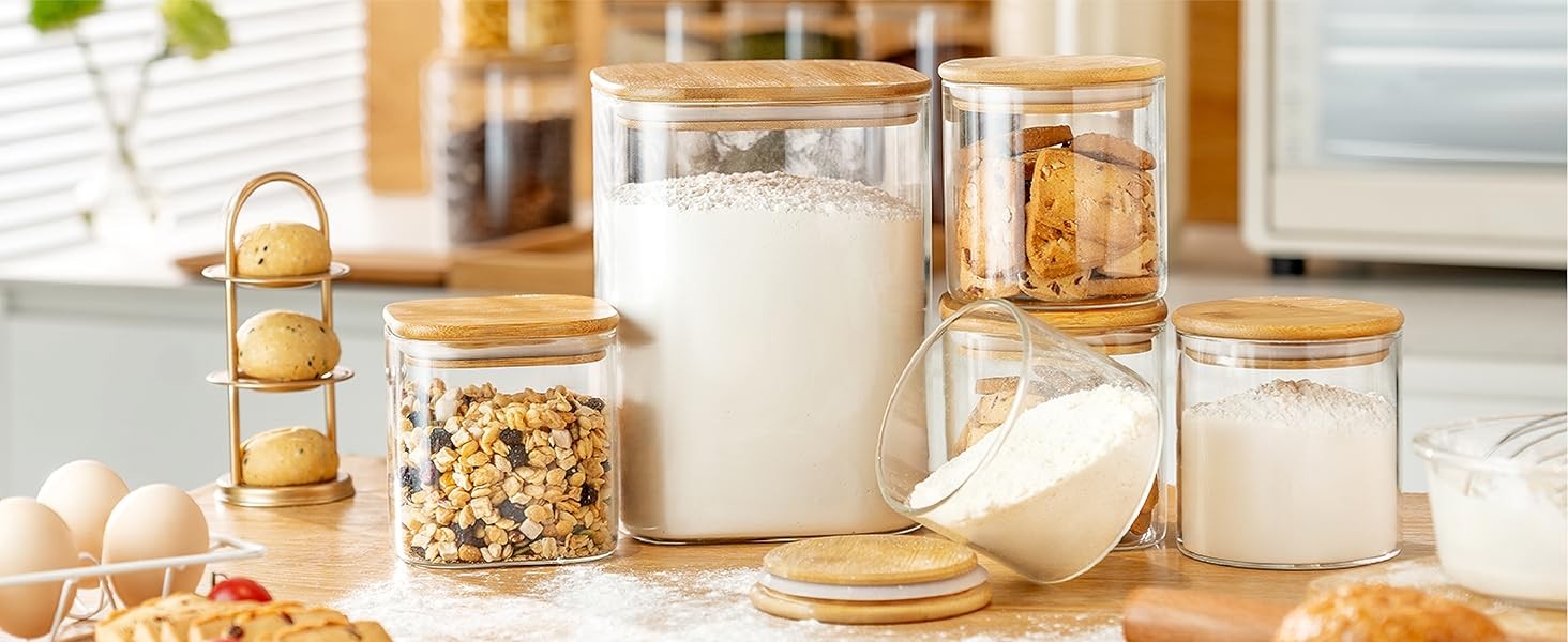 21oz – 4 Pack Square Glass Jars with Bamboo Lids, Glass Food Storage Containers