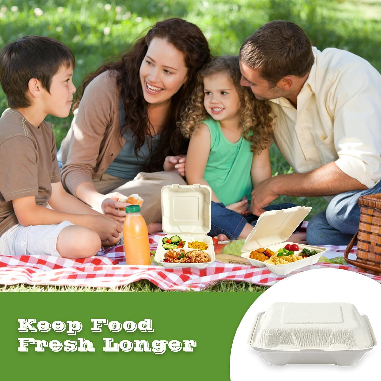 Vplus 100% Compostable Clamshell Take Out Food Containers, 90 PACK 8 Inch X 8 In