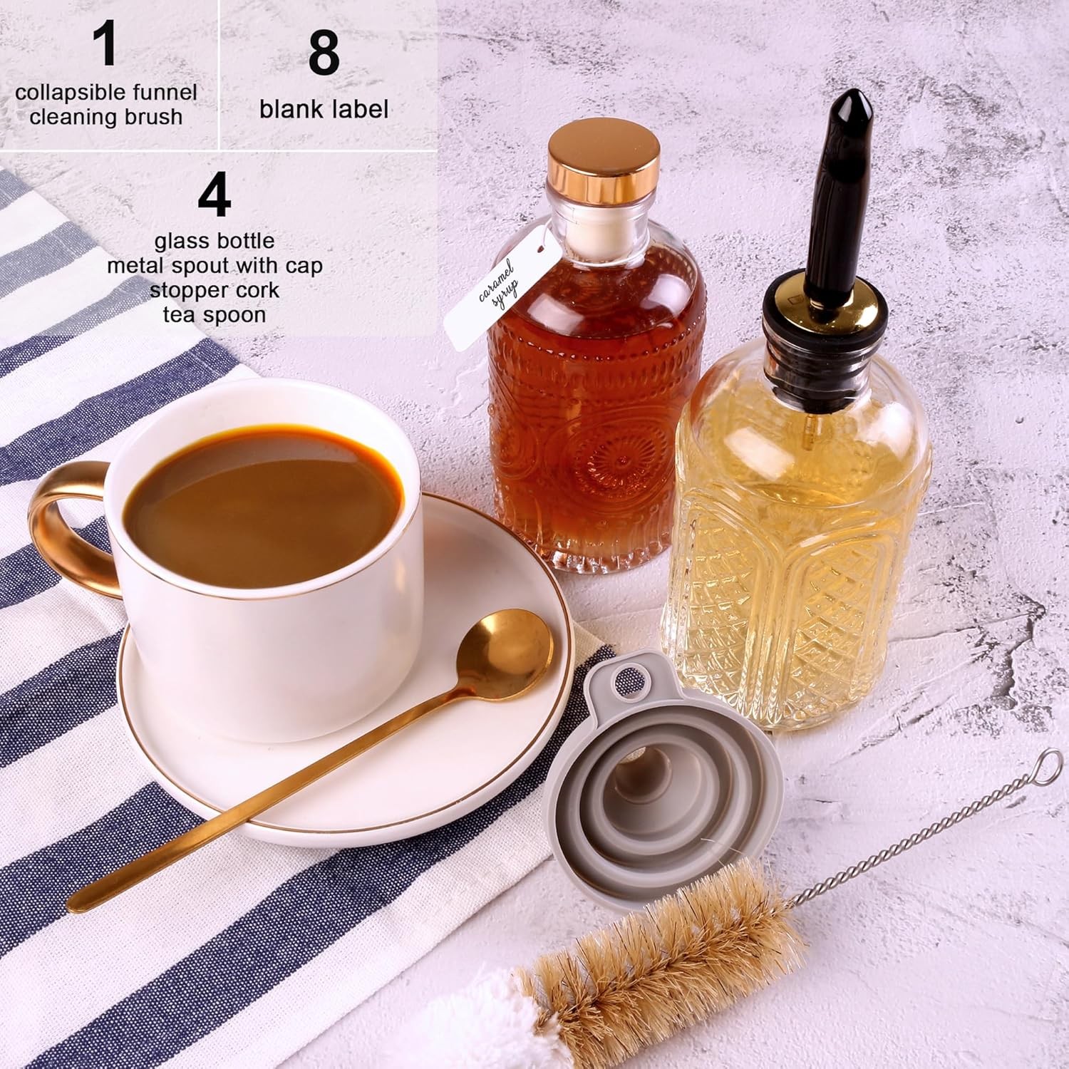 Glass Syrup Dispenser Set – 4x7Oz Bottles with Metal Pour Spouts and Stoppers