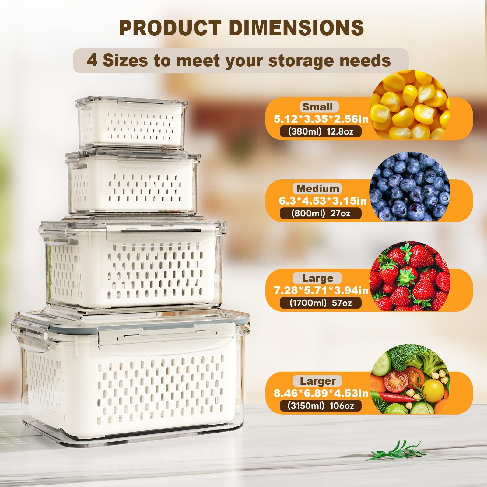 4 Pcs Fruit Storage Containers for Fridge (with Drain Basket) – Leak-Proof Fo…