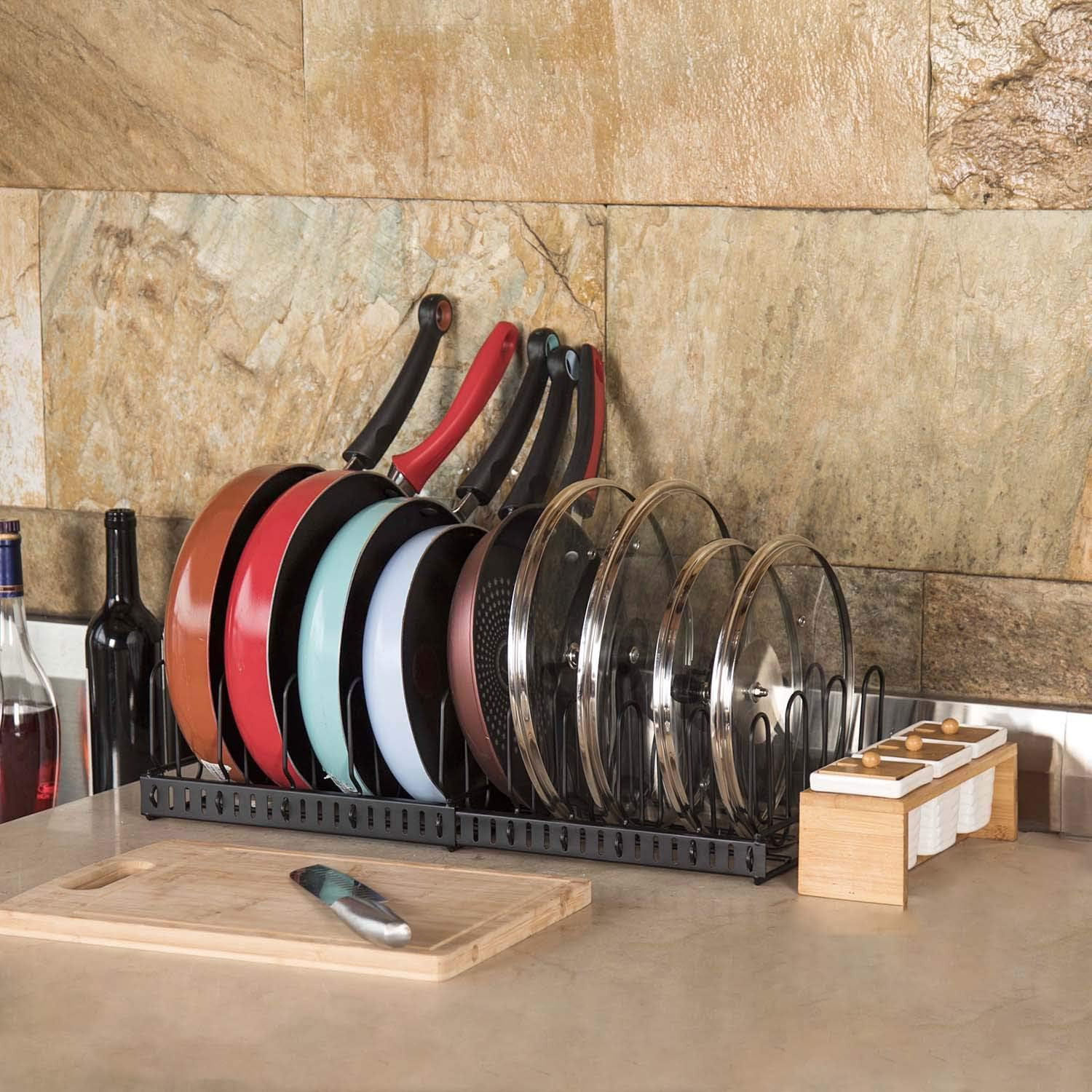Expandable Food Container Lid Organizer,Large Capacity Adjustable 8 Dividers Det