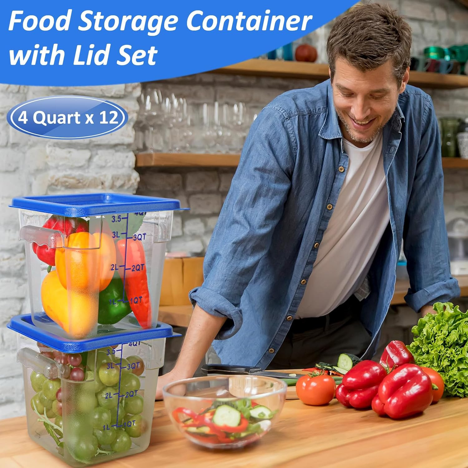 12 Pcs 4 Qt Commercial Food Storage Containers with Lids Restaurant Square Airti