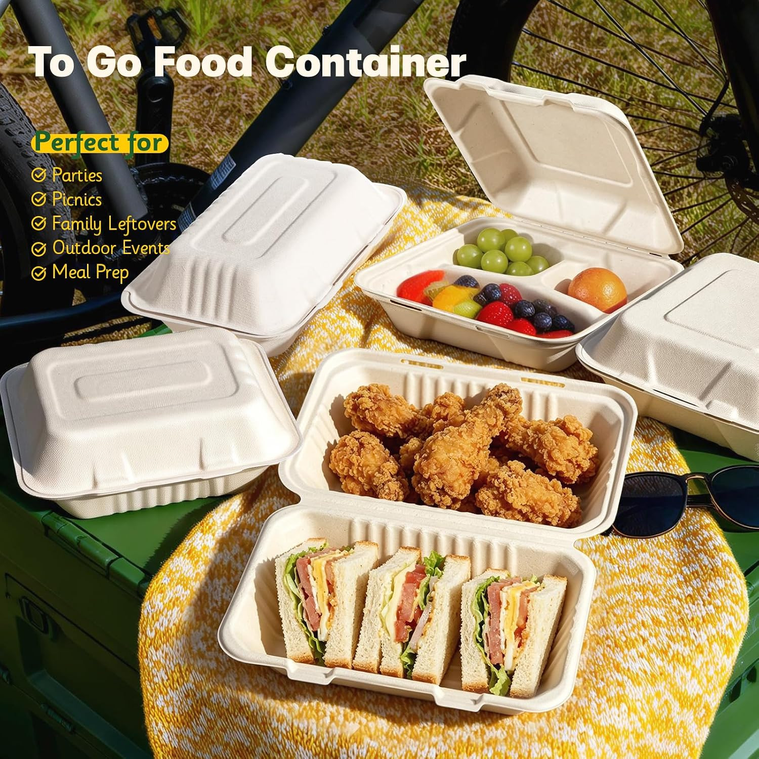 100 Pack Compostable to Go Food Containers 9×6″ | Disposable Clamshell Take Out