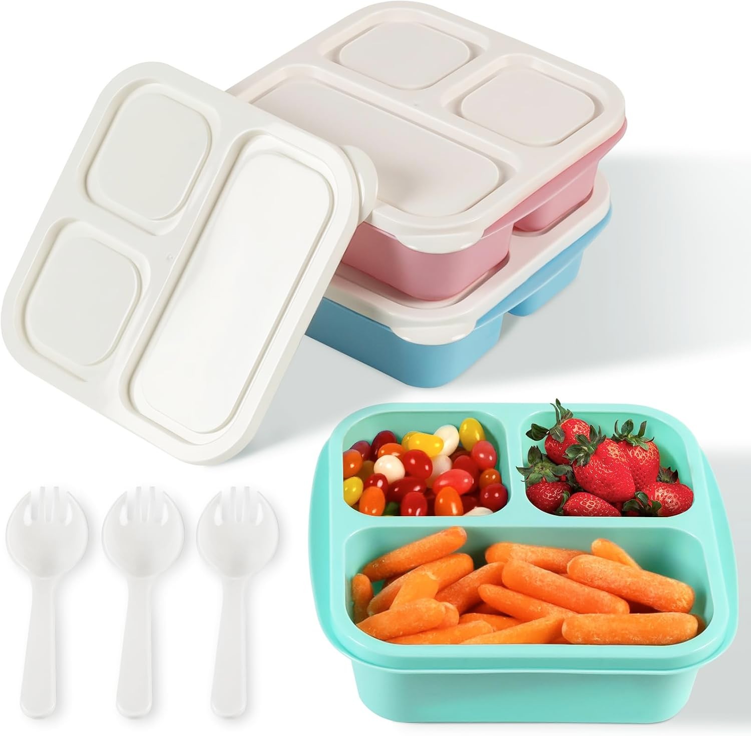 Snack Box Container with lids, Reusable 3 Compartment Bento Lunchable Container