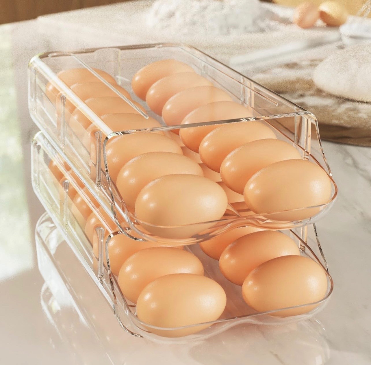 Auto Rolling Egg Holder for Fridge 2 Pack Clear Stackable Egg Organizer Storage