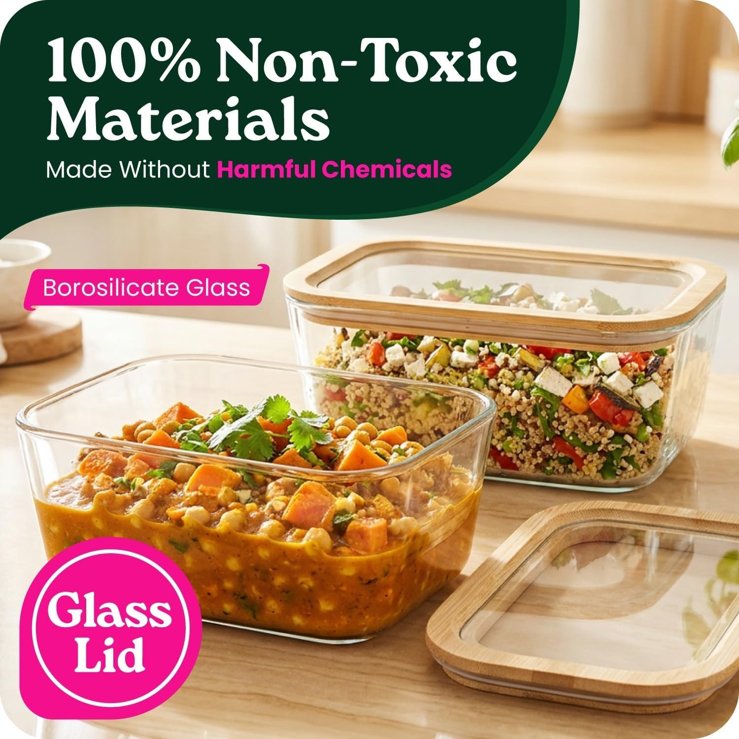 2-Pack-87.7 Oz Large Glass Food Storage Containers with Clear-Top Bamboo Lids –