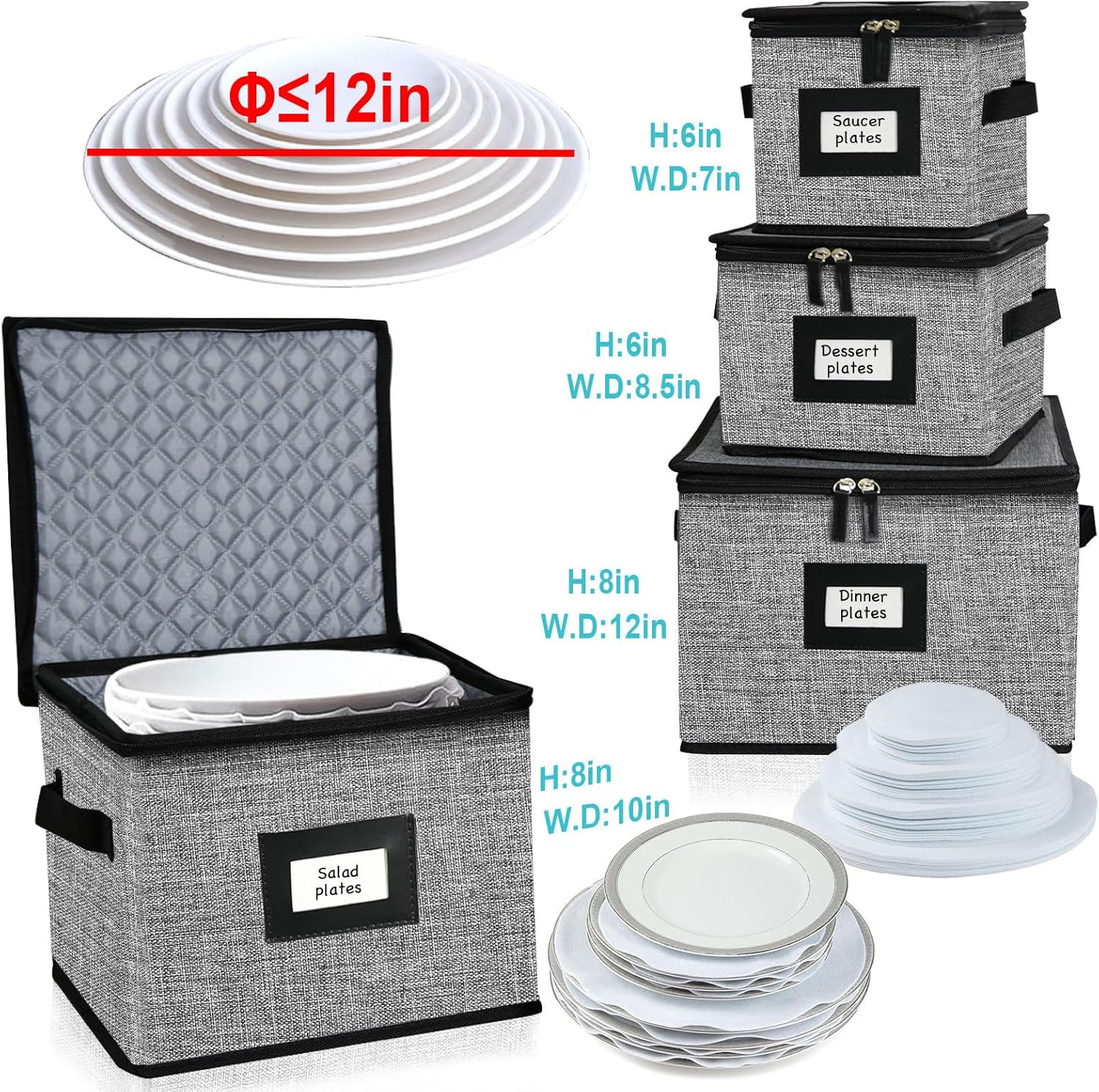 5-Pack Quilted Dish Storage Boxes for 48 Plates & 12 Cups – Grey