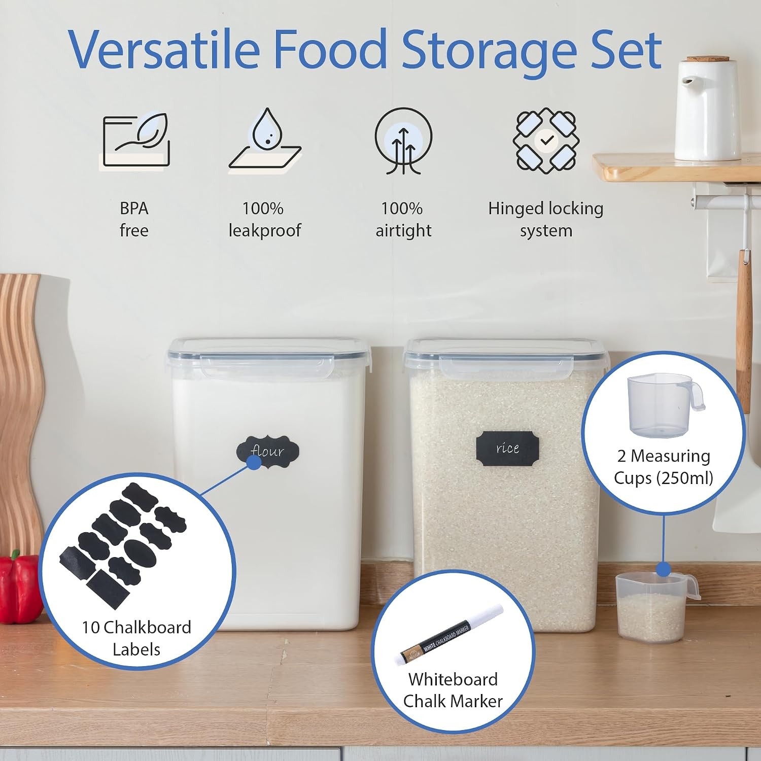 Airtight Food Storage Containers W/ Measuring Cups Set of 2 9.5L 320Oz Spacious