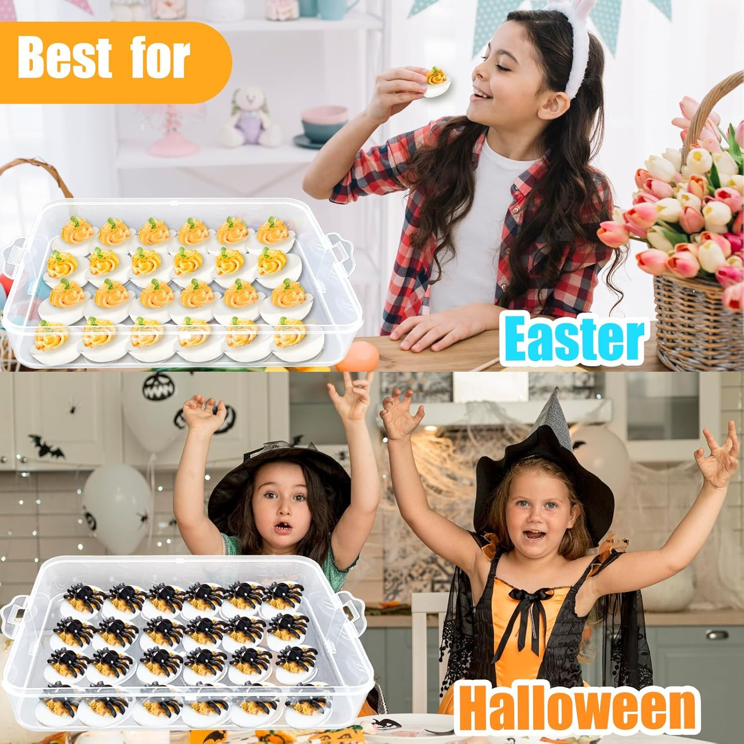 2-Layer Deviled Egg Carrier with Lid,Deviled Egg Trays with Handle,Stack Portabl