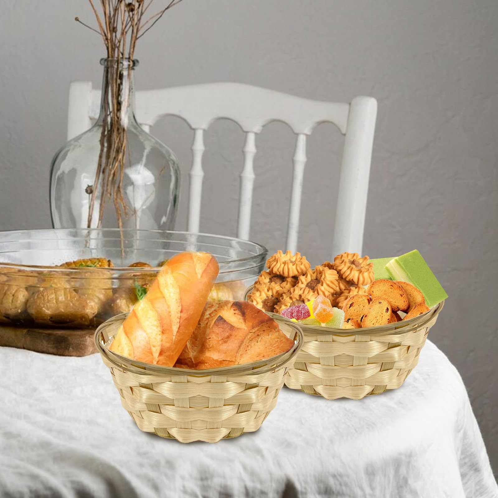 10 Pack Round Gift Baskets, 8 Inch Woven Bread Basket Wooden Food Serving Box…