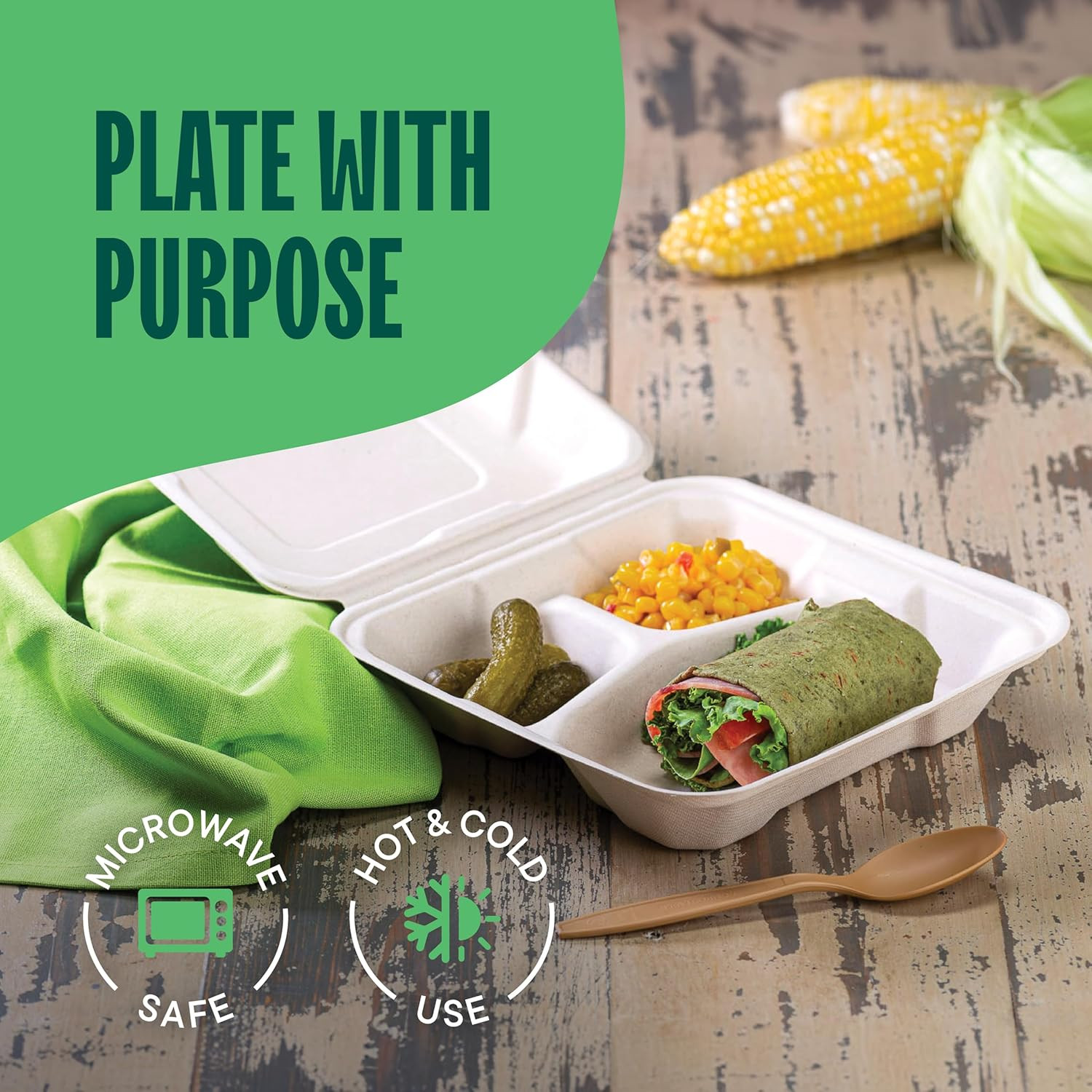 100% Compostable Clamshell Take Out Food Containers [8X8″ 3-Compartment 50-Pack]
