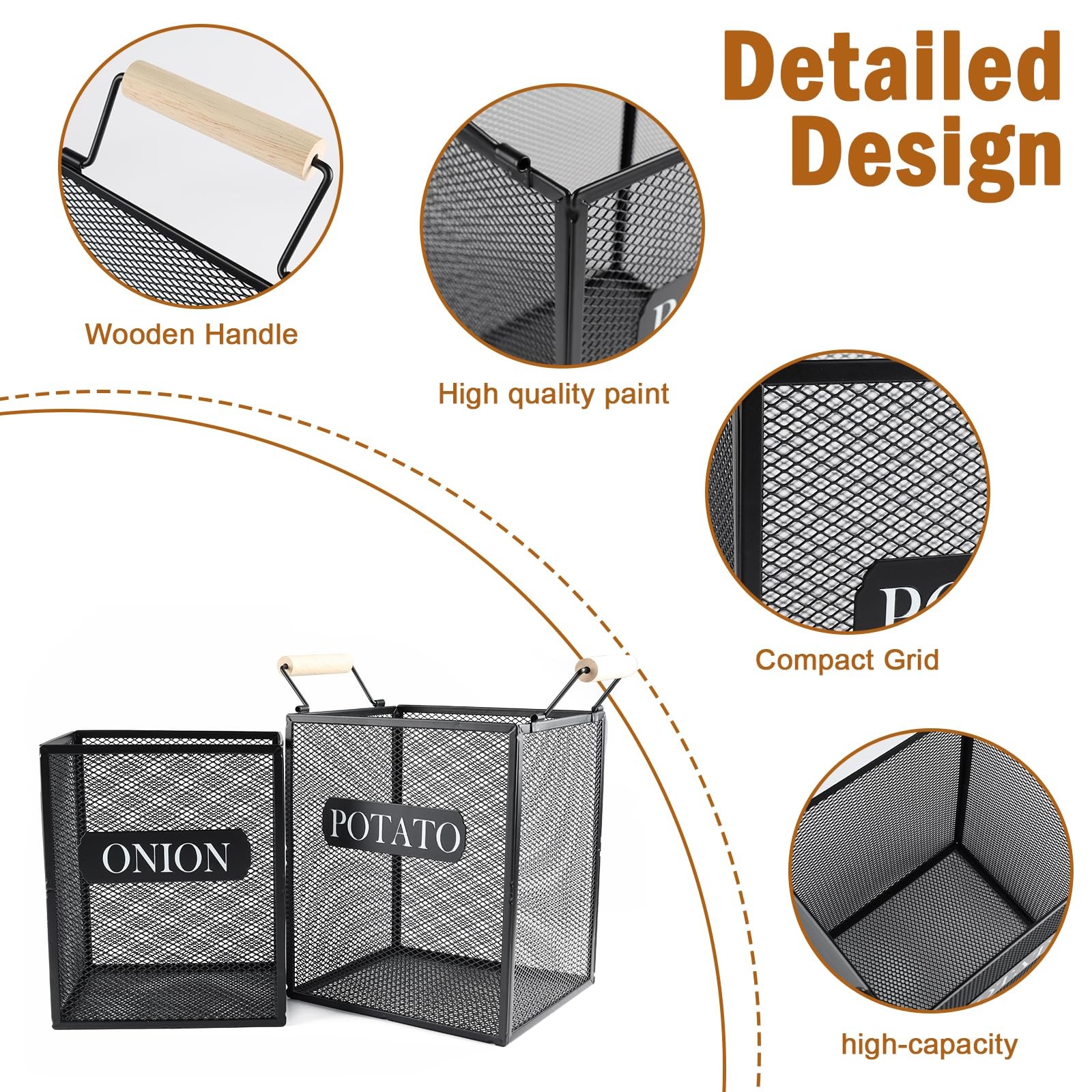 Set of 2 Potato and Onion Storage Bin, Metal Mesh Onion and Potato Baskets wi…