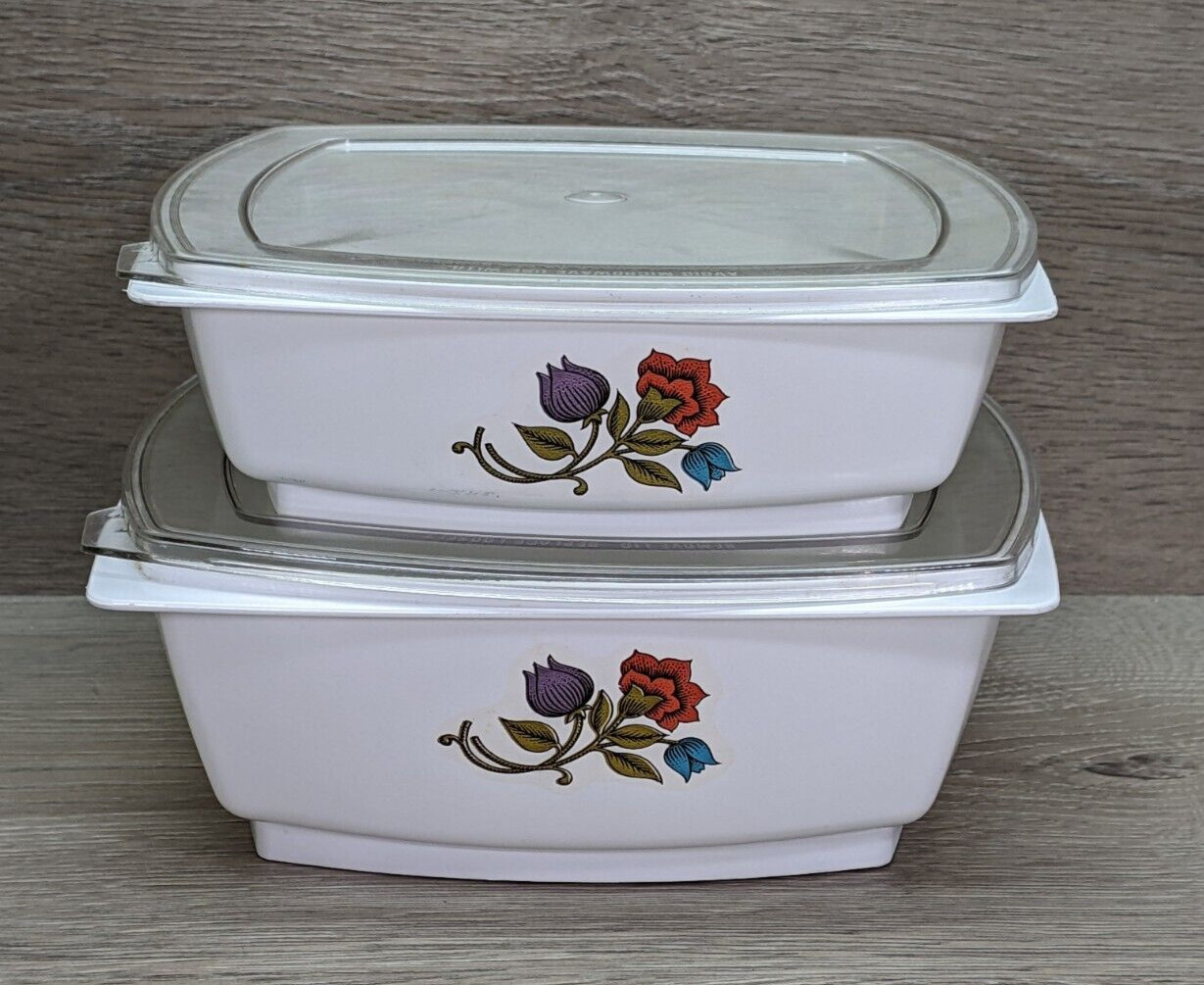 Vintage Hefty FOOD CONTAINERS Plastic Square Floral 2pc Set w/Lids 1Qt & 1.5Qt