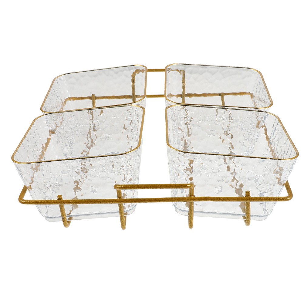 Four Compartment Clear Acrylic Snack Tray Bowl With Metal Rack For Serving