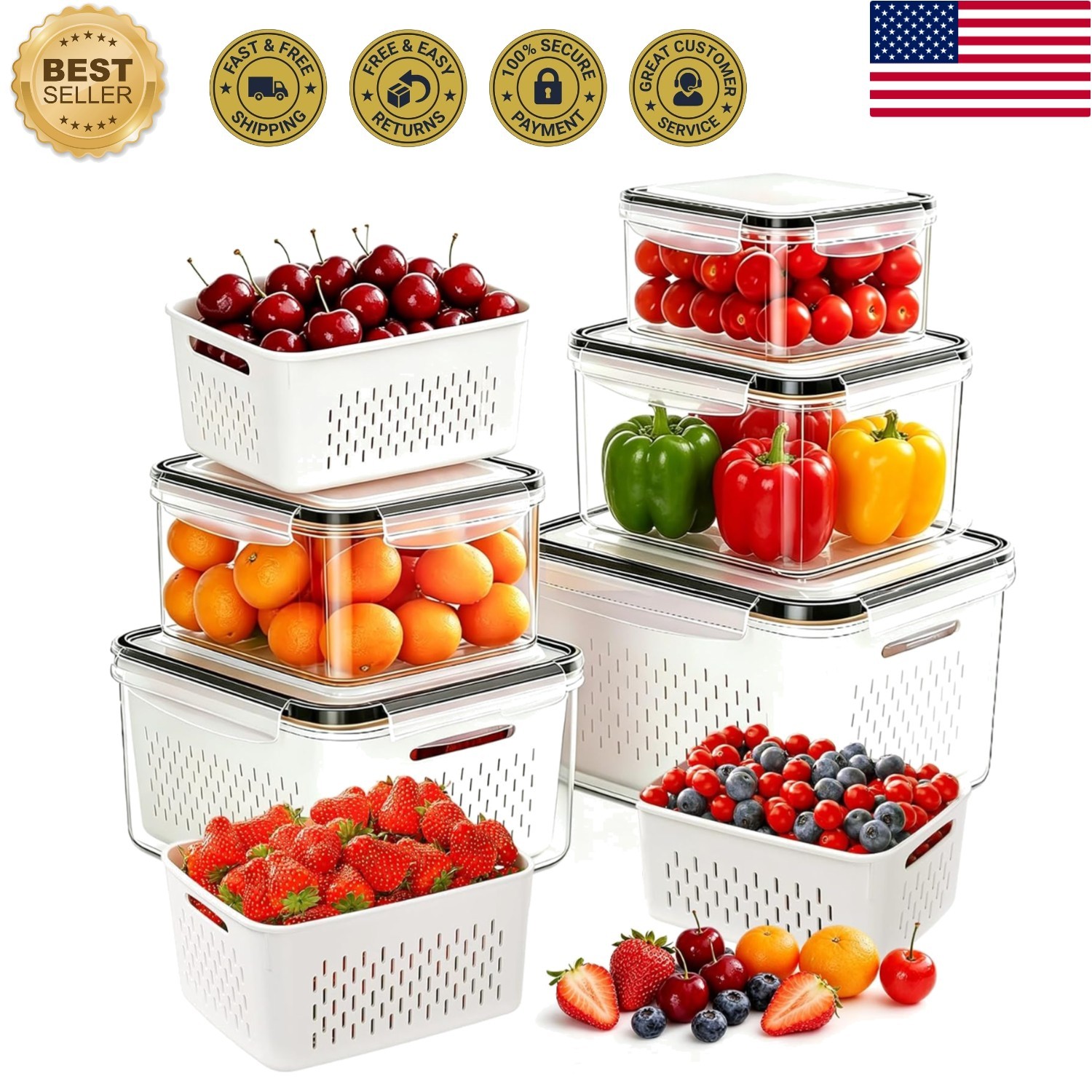 5 Pack Large Fruit Storage Containers for Fridge, Leakproof Produce Container…