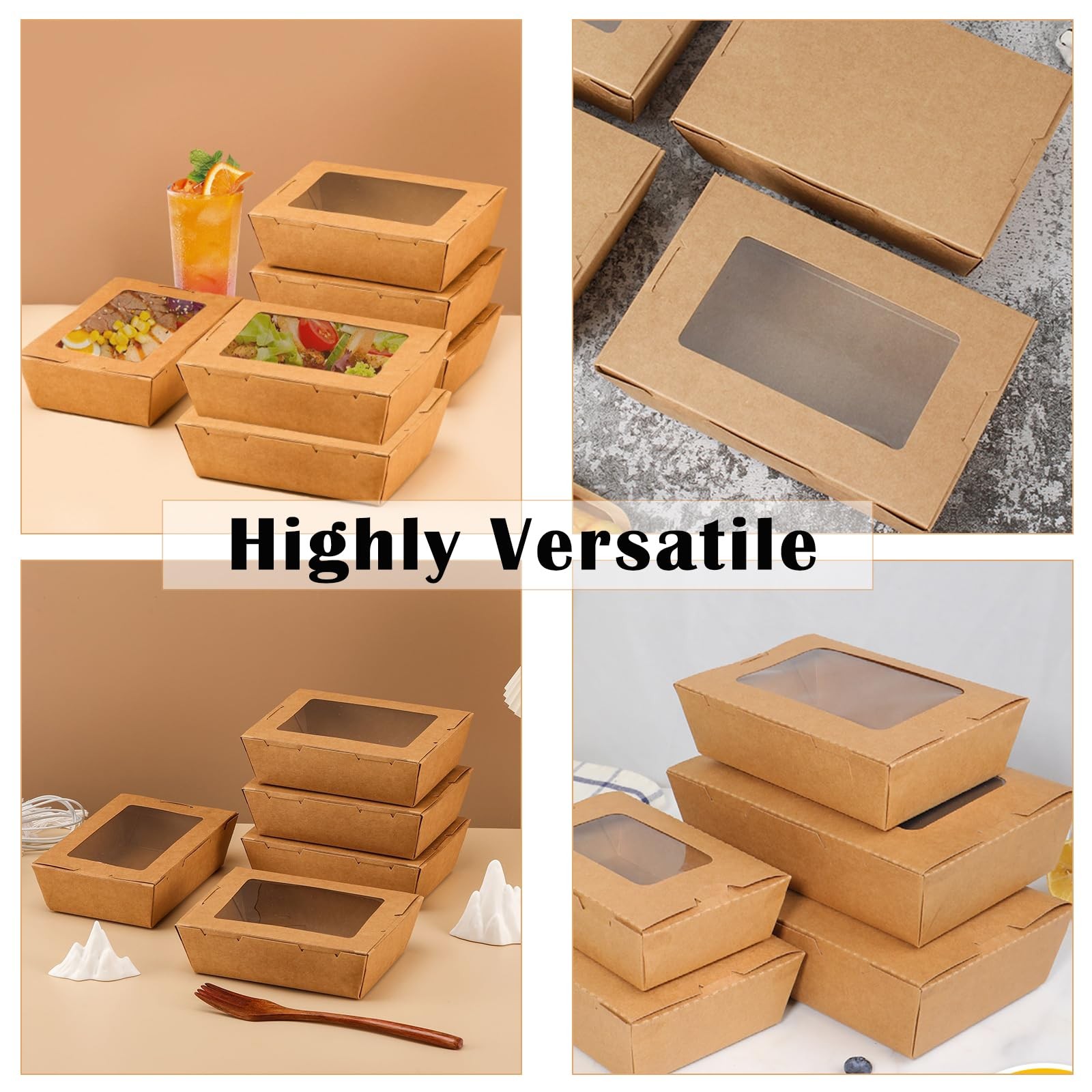 50 Pack Take Out Food Containers with Window, 40 oz Kraft Paper Food to Go Bo…