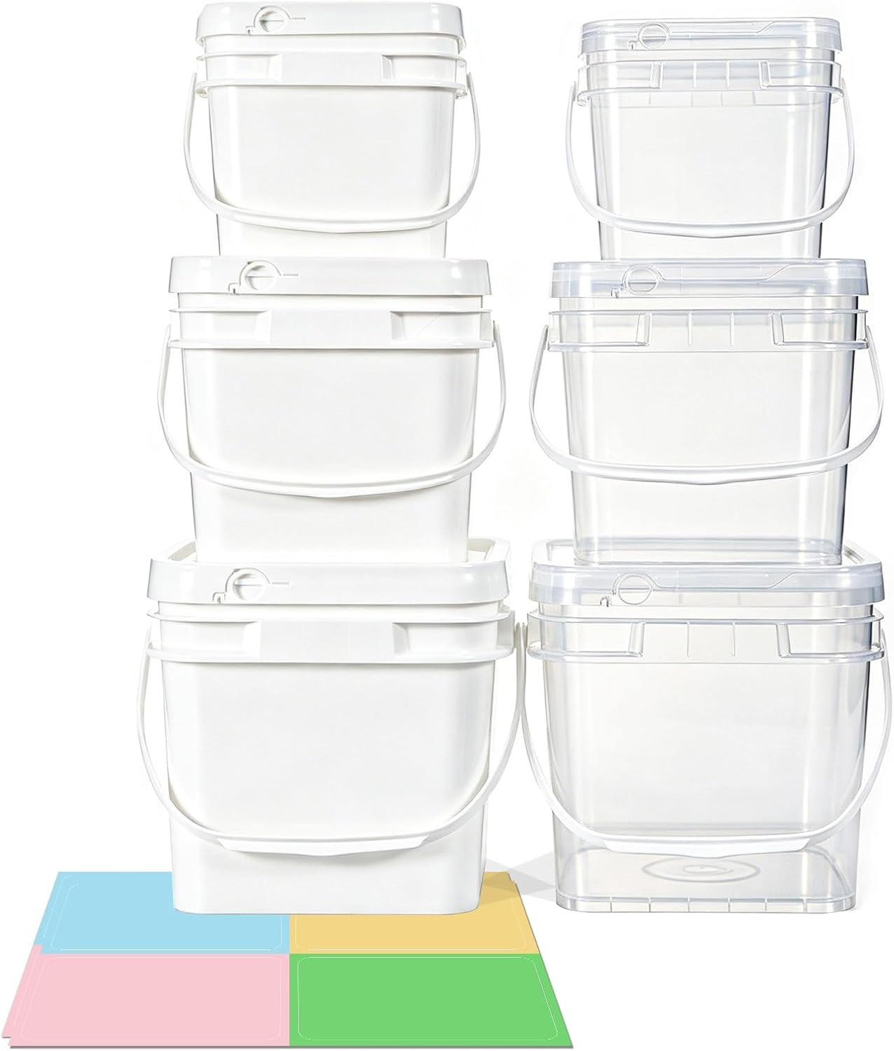 6 Pack Square Plastic Buckets with Lids & Handles, 1L/2L/3L White & Clear Food-G