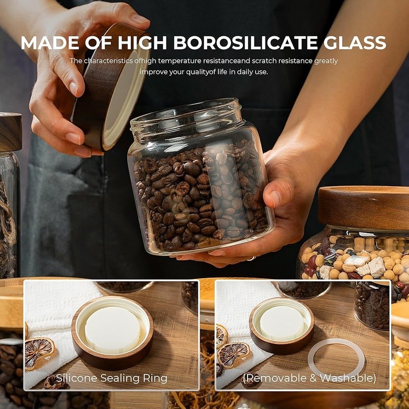 Airtight Glass Cookie Jar Food Storage Container W/ Wood Lid Dishwasher Safe New