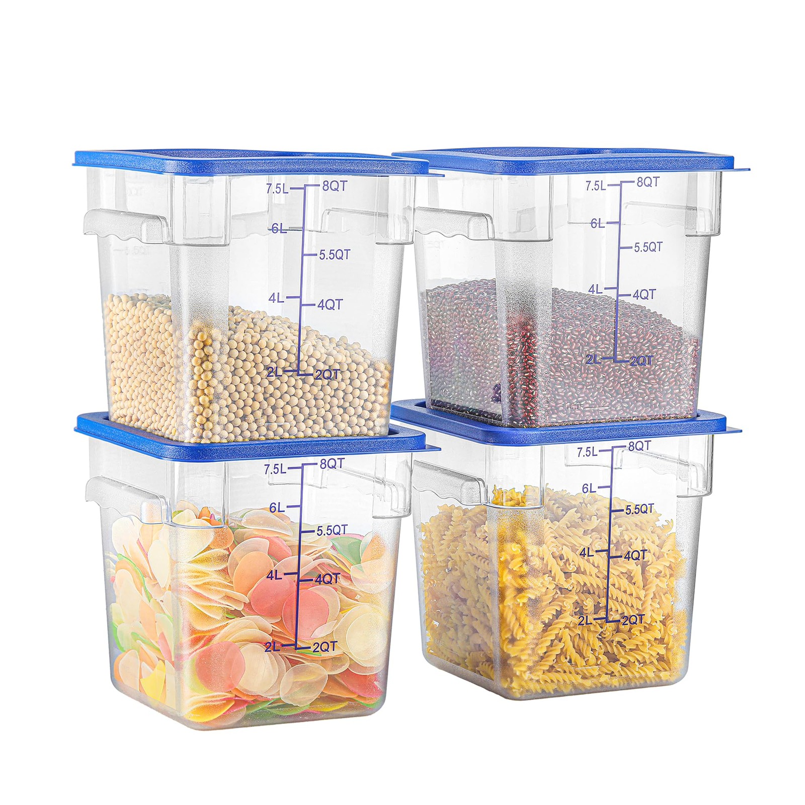 8 QT Set of 4 Food Storage Containers with Blue Lids Handle and Scarle Stacka…