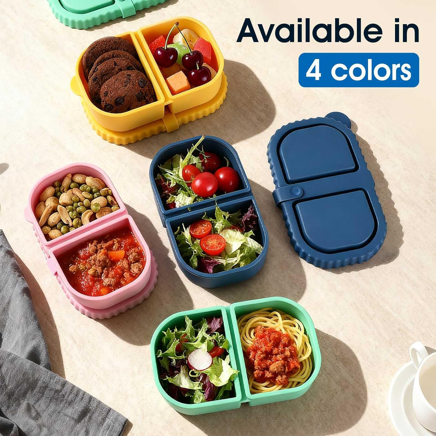 4 Pack Silicone Reusable Snack Containers with Lids – Double Compartment Snackle