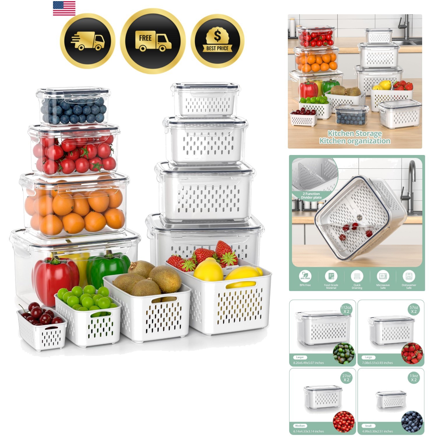 Fruit Storage Containers for Fridge with Removable Colander, 8 Pack Fruit Con…