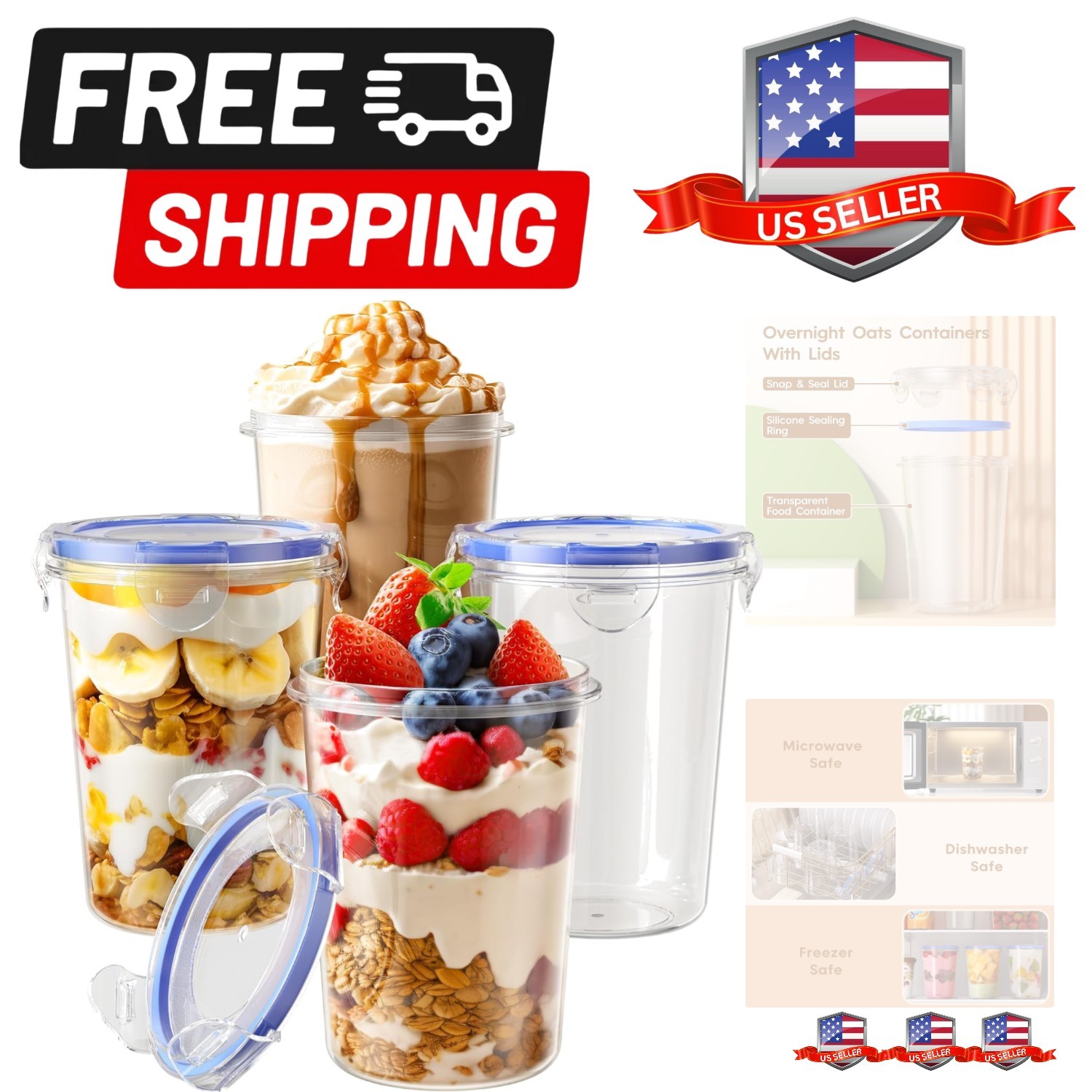 4 Pack Overnight Oats Containers with Lids, Oatmeal Container, 16oz Leak Proo…