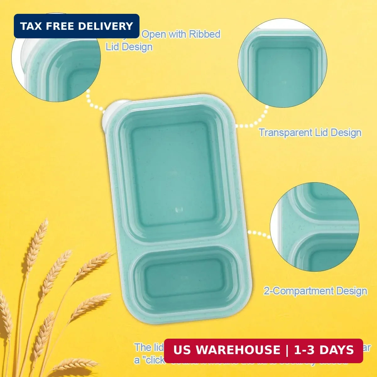 Wheat Straw Snack Containers Set of 3 with Lids 2 Compartment Meal Prep Food Box