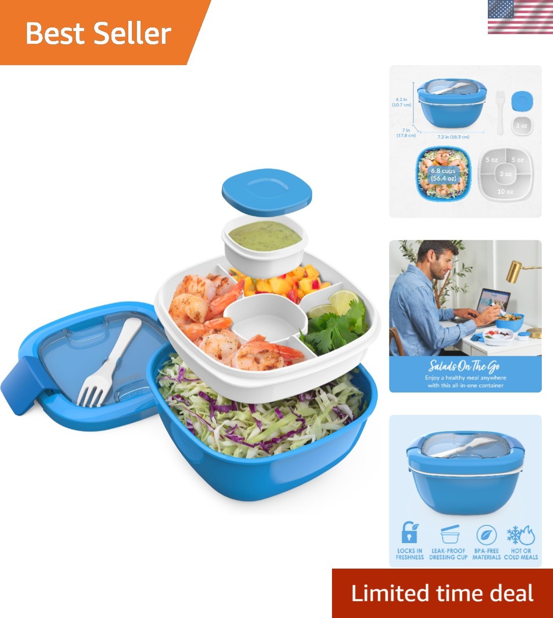 Adult Blue Salad Container with 4-Compartment Tray and Accessories