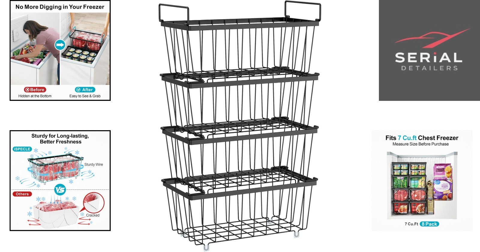 4 Pack Stackable Freezer Organizer Bins – Heavy Duty for 7 Cu.Ft Freezers