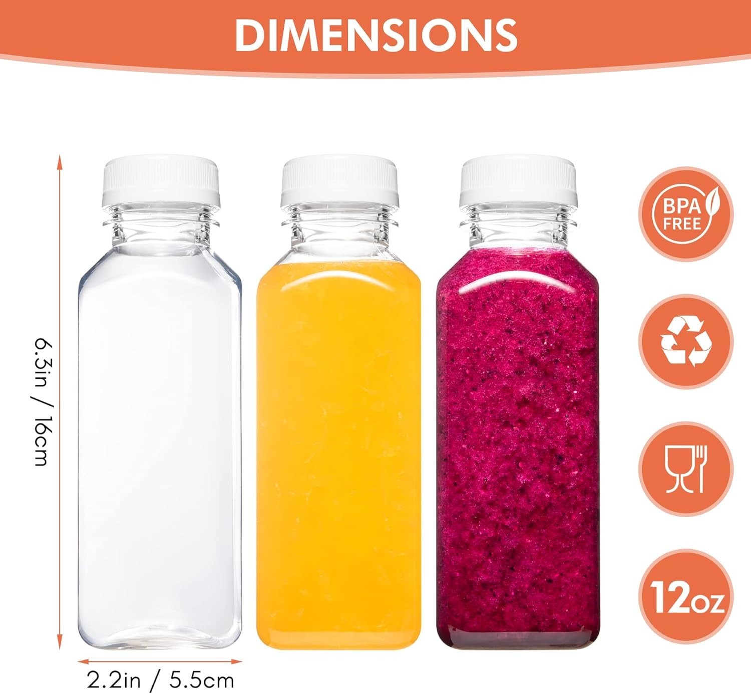 12oz BPA-Free Reusable Juice Bottles – 6 Pack Leak-Proof Drink Containers