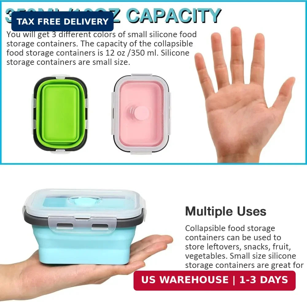 Collapsible Silicone Food Storage Containers Set of 3 Stackable Space Saving Lid