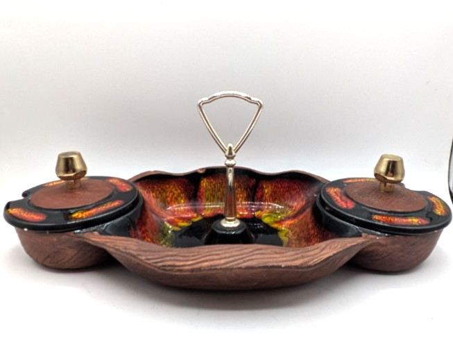 Sequoia Ware Pottery Painted Divided Serving Tray with 2 Lids USA 668 MCM 14.5″