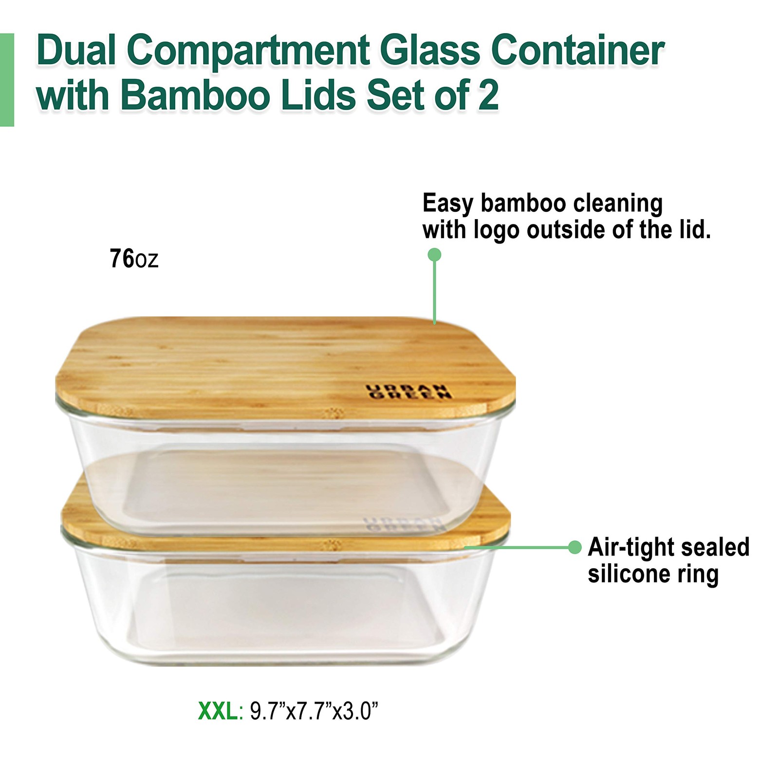 Urban Green Glass Food Storage Containers, XXLarge Size, 76oz/2260ml, 2 Pack …