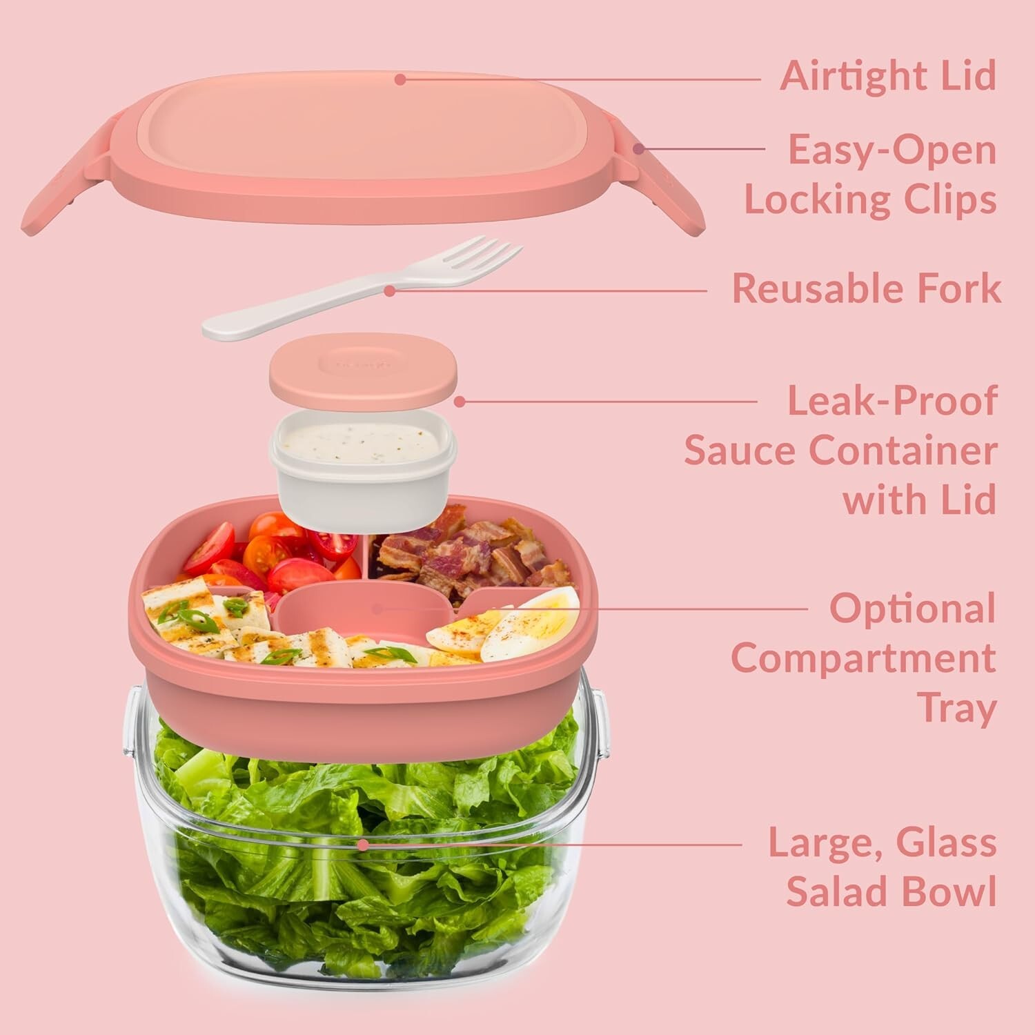 61-oz Glass Salad Bowl with Bento Tray & Leak-Proof Sauce Container – Coral