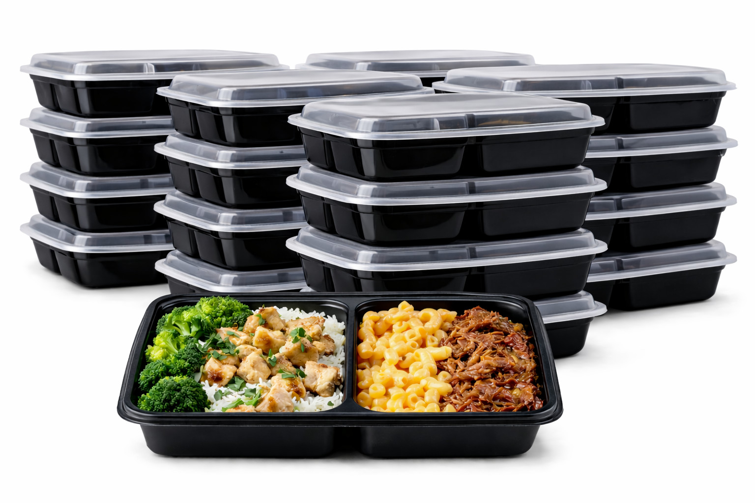 32oz 2 Compartment One Time Use Plastic Black BPA Free Food Prep Containers