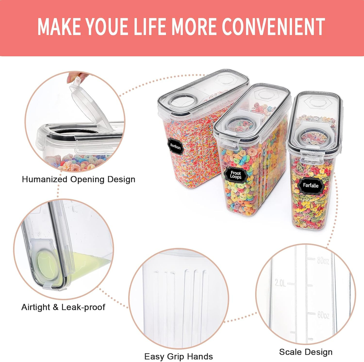 Large Dry Food Storage Containers with Lids, 6PCS Airtight Cereal Containers Sto