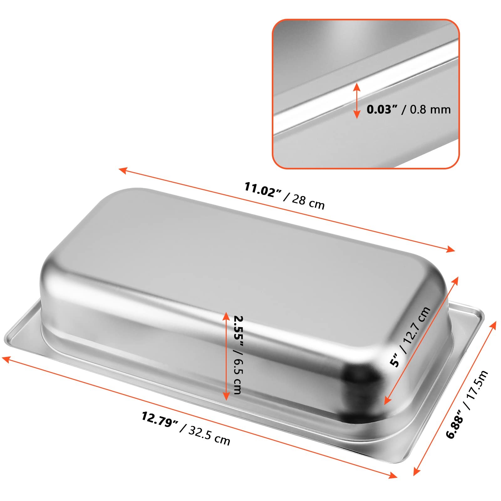 6 PCS 1/3 Size Steam Pan Commercial Stainless Steel Table Restaurant Silver