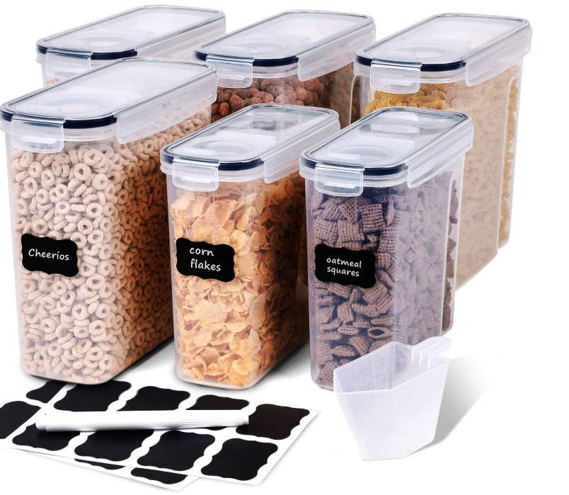 6 Piece Airtight Cereal Storage Containers Set BPA Free Plastic Dry Food Keeper