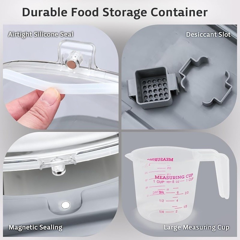 Collapsible Rice Storage Bin W/ Wheels Airtight Lid Measuring Cup 30lb New