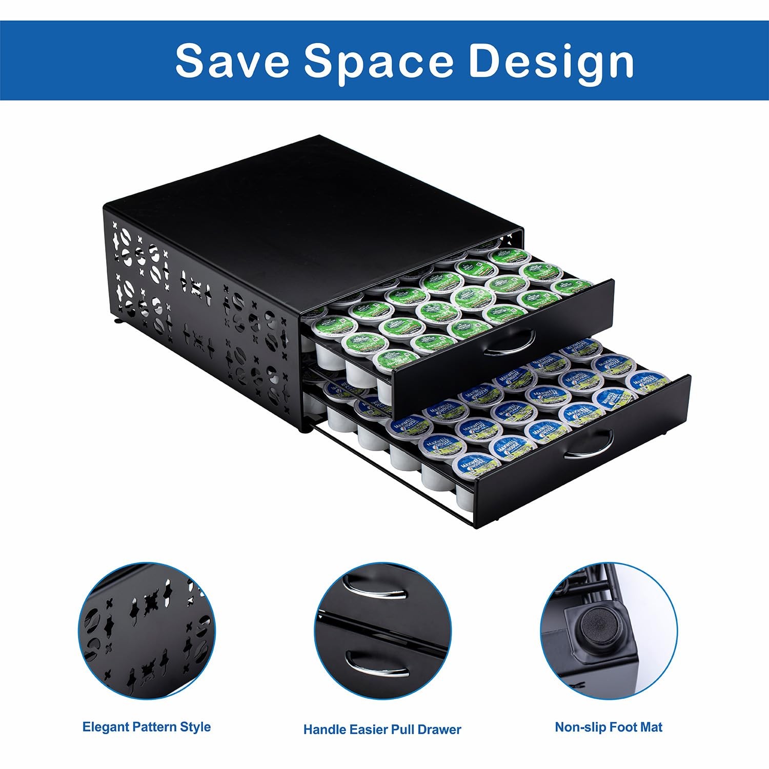 FlagShip K Cup Organizer Drawer 2 Tier Coffee Pod Holder for Keurig Black