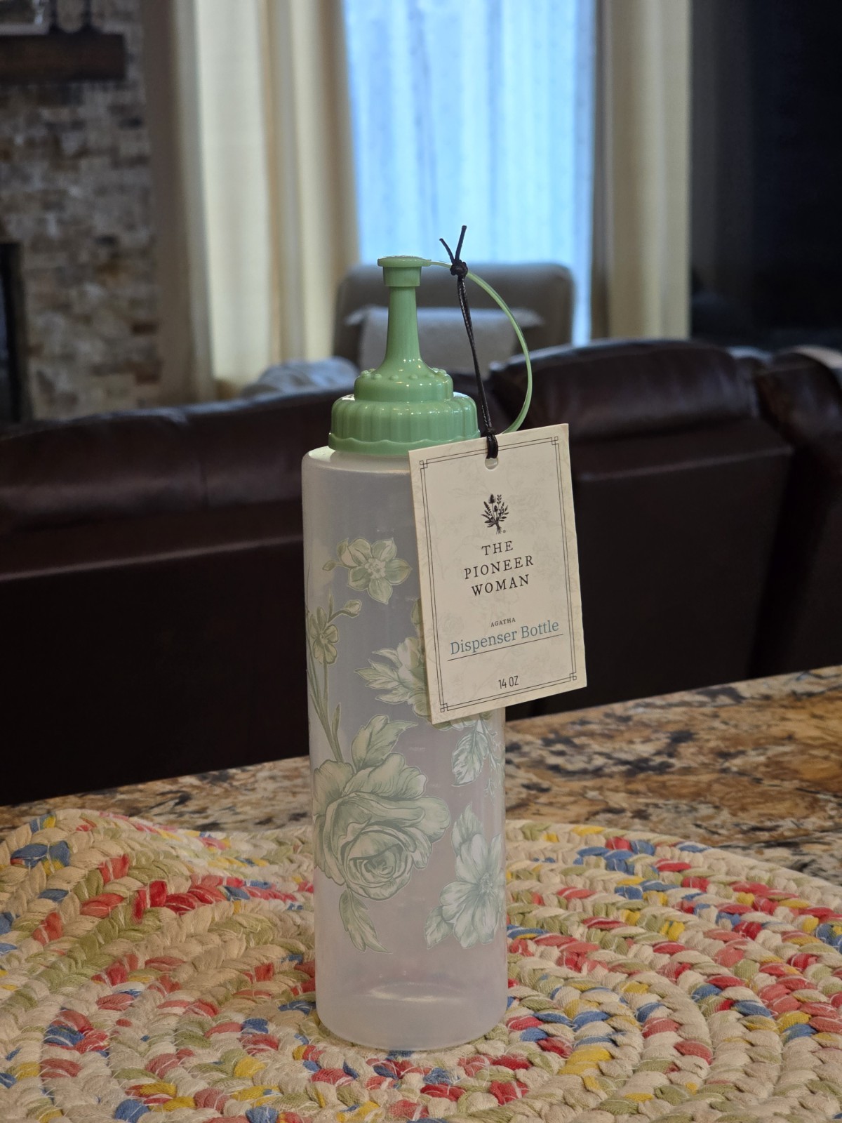 The Pioneer Woman Agatha 14oz Floral Dispenser Bottle Screw Lid Clear/Green