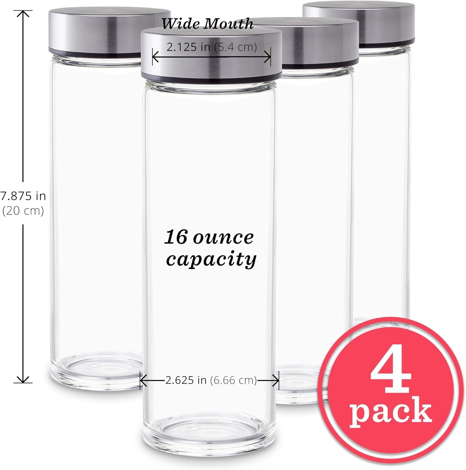 Bottles – 4 Pack Wide Mouth Glass Bottles with Lids – for Juicing, Smoothies, In