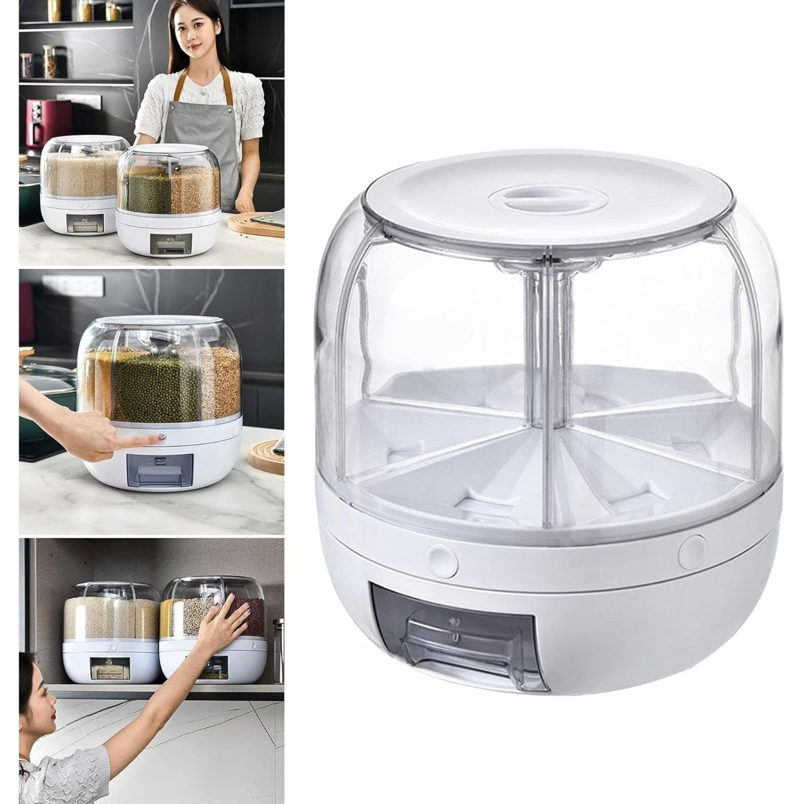 6 Grid Rotating Rice Container Cereal Grain Dispenser Airtight Dry Food Storage