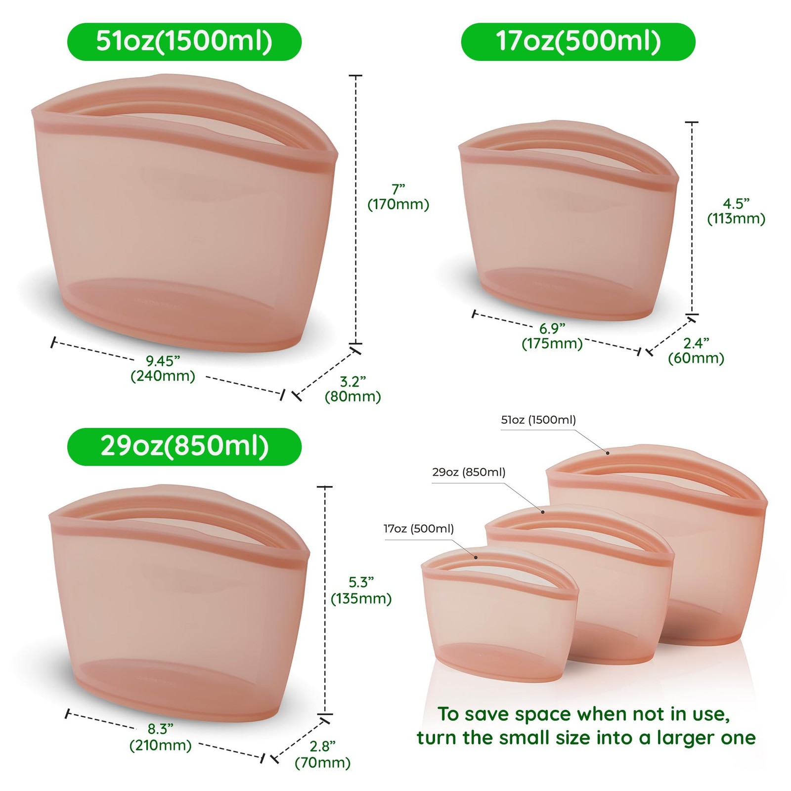 Reusable Silicone Food Storage Bags, 3-Pack Variety Set (2, 3.5, 6 Cups), Mad…