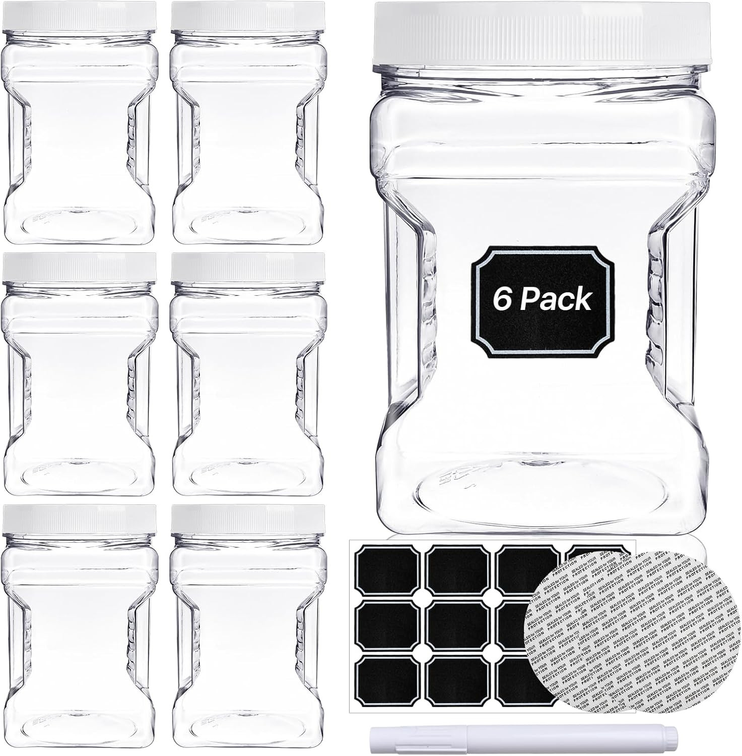 6 Pcs Plastic Storage Jars with Lids, 27 Oz Clear Square Plastic Containers with
