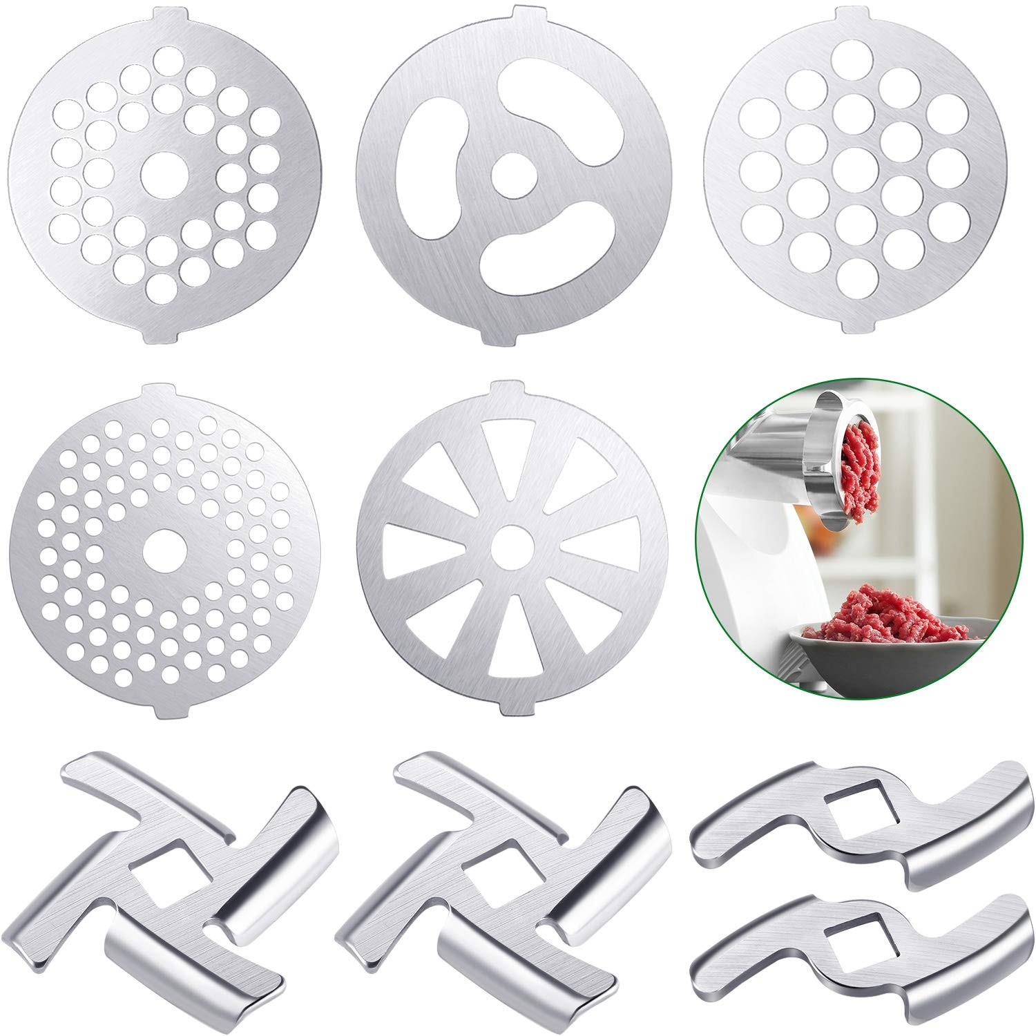 Mudder 9 Pieces Meat Grinder Blades Plate Discs Stainless Steel Food Silver
