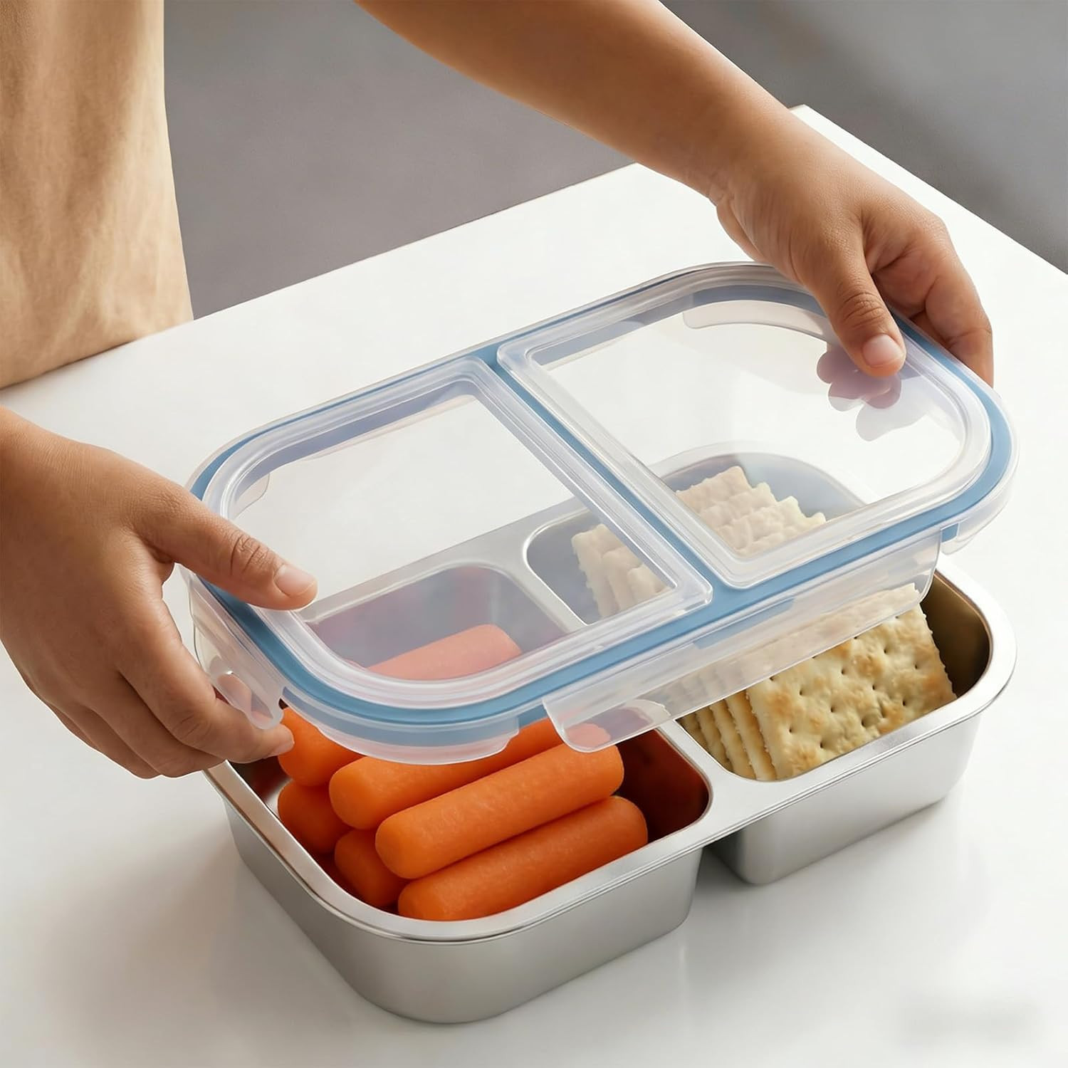 3 Pack Stainless Steel Snack Containers, 2 Compartment Reusable Metal Snack Boxe