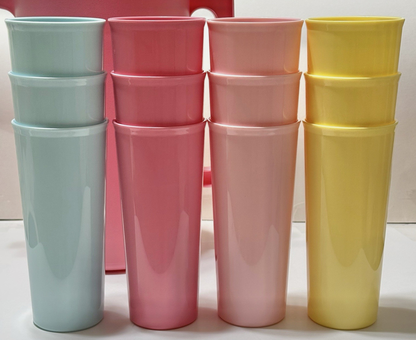 Tupperware Stacking Tumblers Set of 12 Pastel Yellow Pink Blue 16 oz. Cups ew