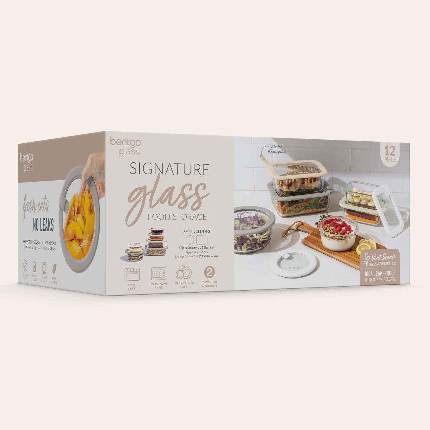 12 Piece Leak Proof Glass Food Storage Set Airtight Lids White Stone